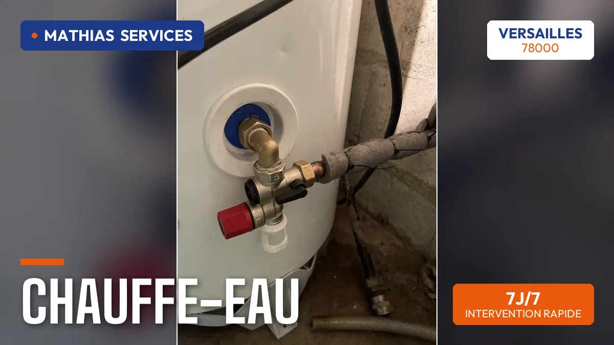 Groupe de sécurité neuf posé sur un chauffe-eau — chantier réel Mathias Services