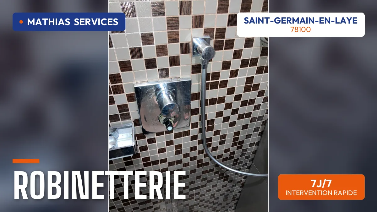 Mitigeur de douche encastré posé sur mur en mosaïque — chantier réel Mathias Services
